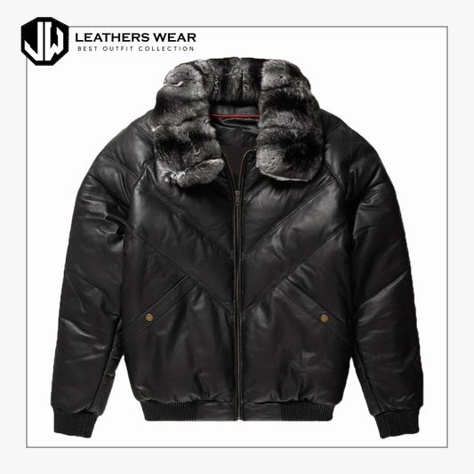 Black Leather Collar V Bomber Jacket