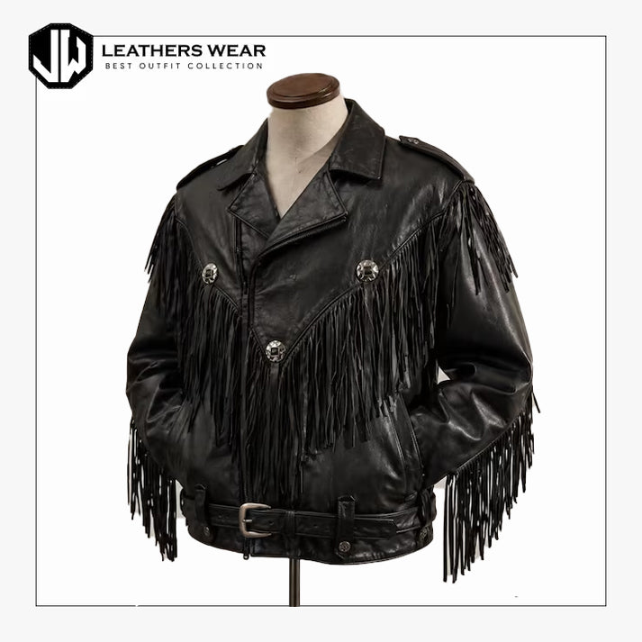 Black Leather Fringe Jacket Men