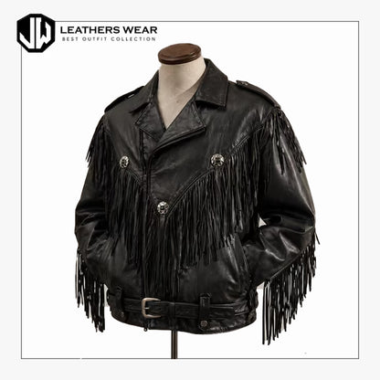 Black Leather Fringe Jacket Men