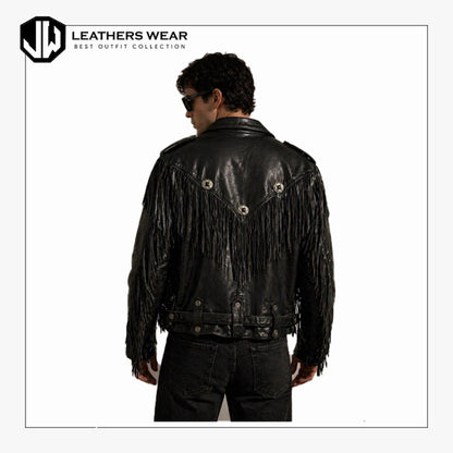 Black Leather Fringe Jacket Men