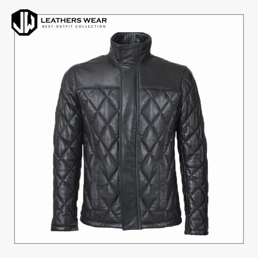 Black Leather Winter Puffer Jacket