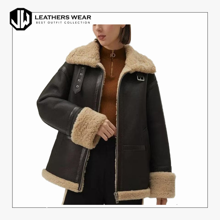 Black Shearling Leather Jacket for Women