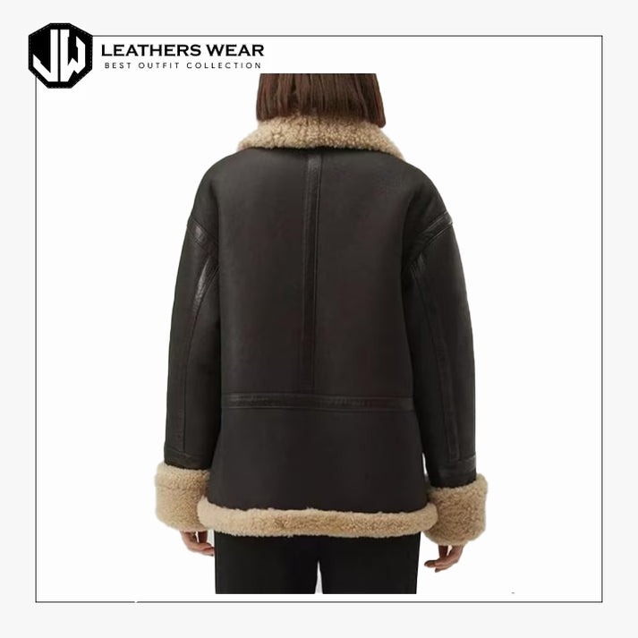 Black Shearling Leather Jacket for Women