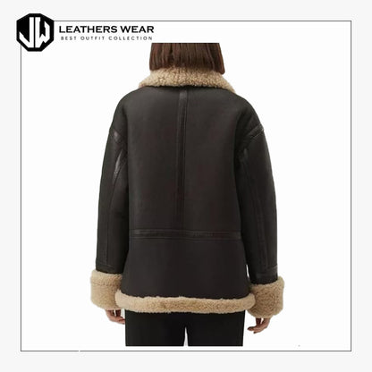Black Shearling Leather Jacket for Women
