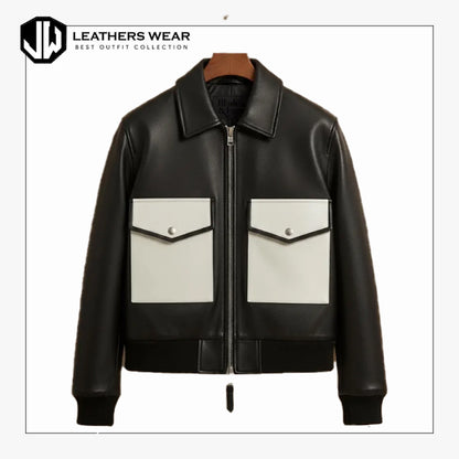 Black & White Leather Bomber Jacket