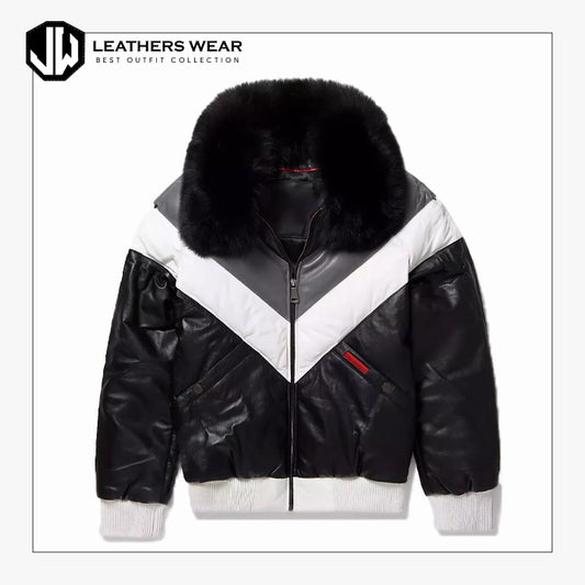 Black and White Leather V-Bomber Jacket