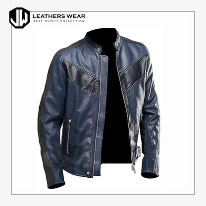 Blue Biker Leather Jacket Men's