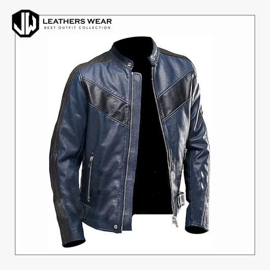 Blue Biker Leather Jacket Men's