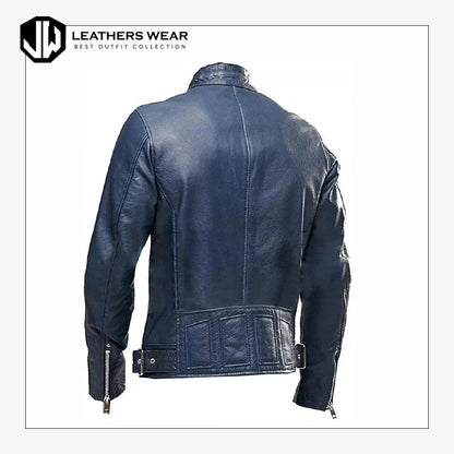 Blue Biker Leather Jacket Men's