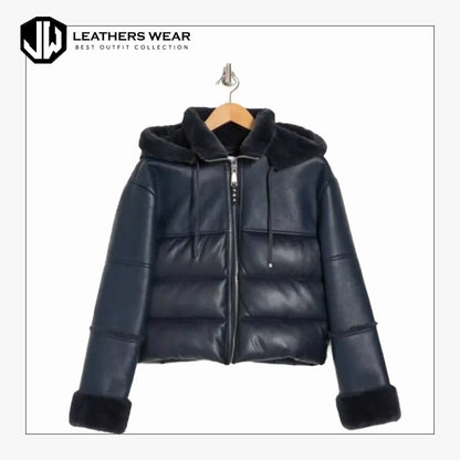 Blue Vegan Leather Puffer Jacket