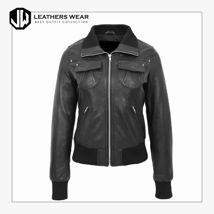 Bomber Black Leather Jacket Women