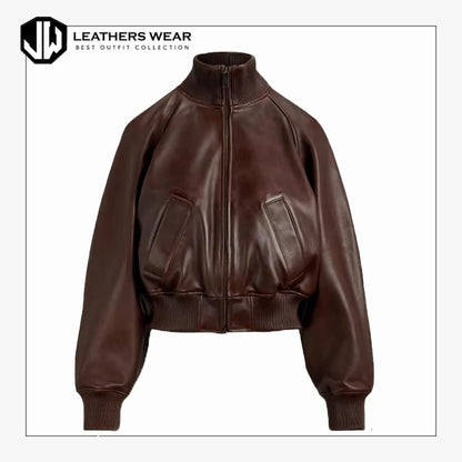Brown Cropped Leather Bomber Jacket Women