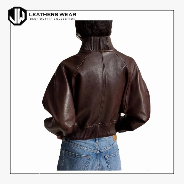 Brown Cropped Leather Bomber Jacket Women