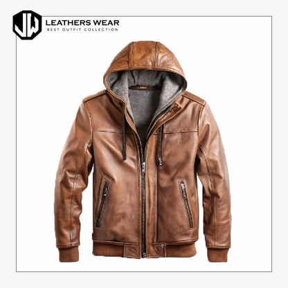 Brown Distressed Leather Hooded Winter Jacket