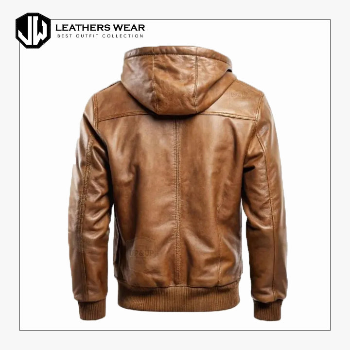 Brown Distressed Leather Hooded Winter Jacket