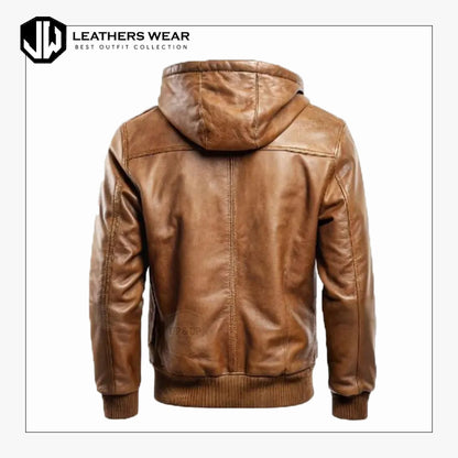 Brown Distressed Leather Hooded Winter Jacket