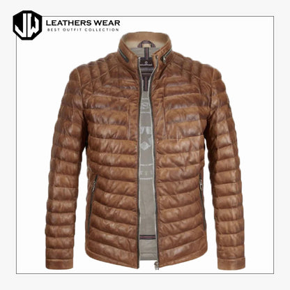 Brown Leather Puffer Jacket