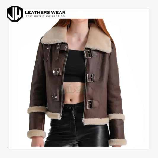 Brown Leather Shearling Jacket Womens