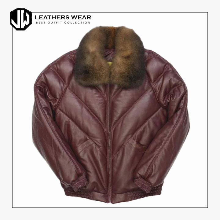 Burgundy Color Fur V Bomber Leather Jacket