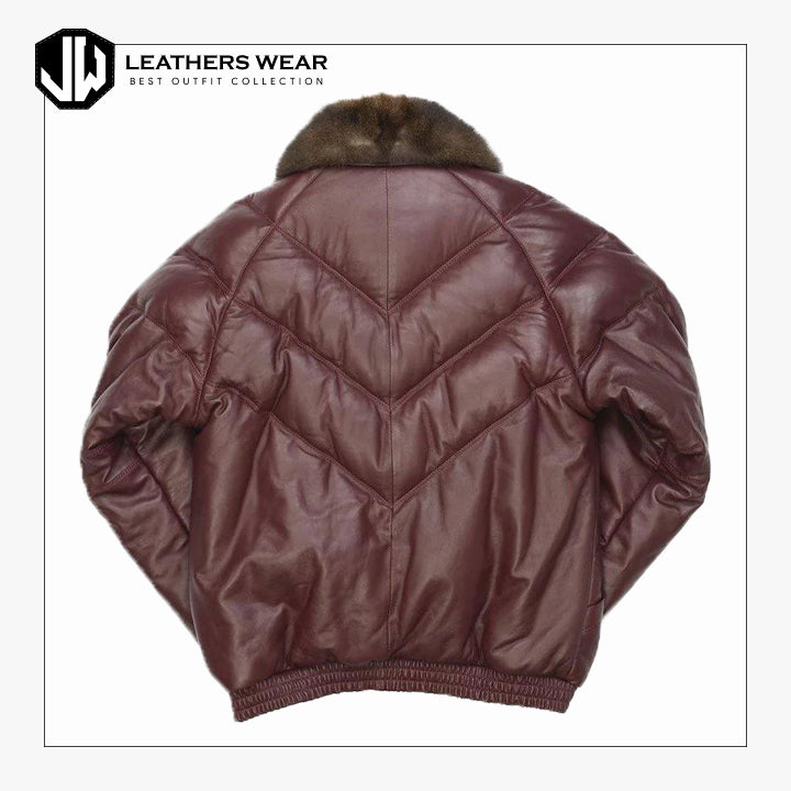 Burgundy Color Fur V Bomber Leather Jacket