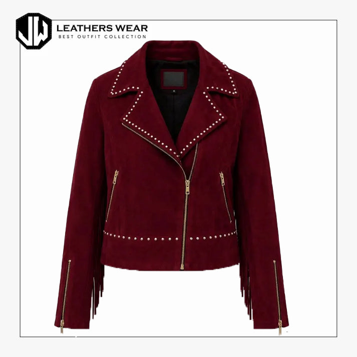 Burgundy Fringe Suede Jacket Women
