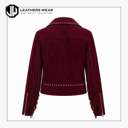 Burgundy Fringe Suede Jacket Women