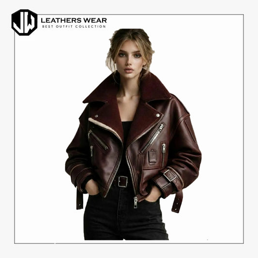 Burgundy Shearling Leather Jacket Women