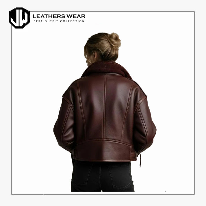 Burgundy Shearling Leather Jacket Women