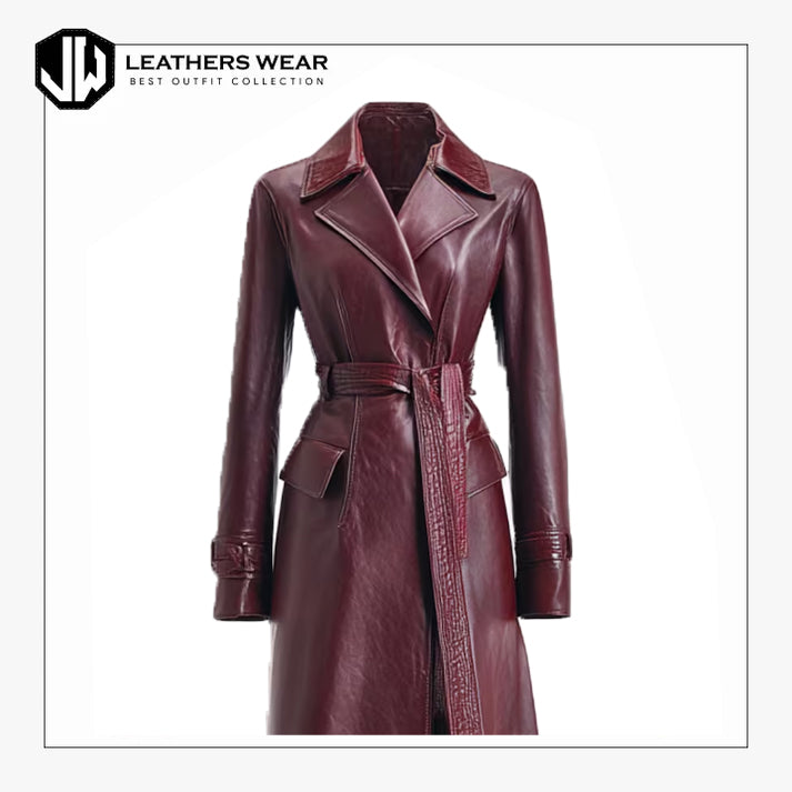 Burgundy Sheepskin Leather Trench Coat