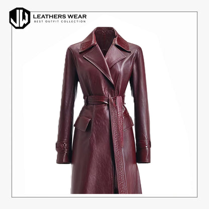 Burgundy Sheepskin Leather Trench Coat