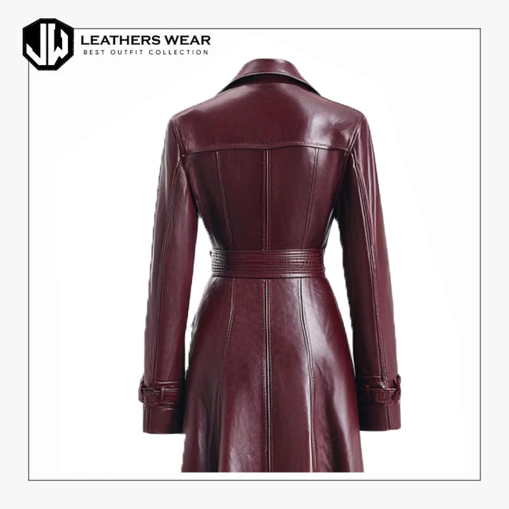 Burgundy Sheepskin Leather Trench Coat