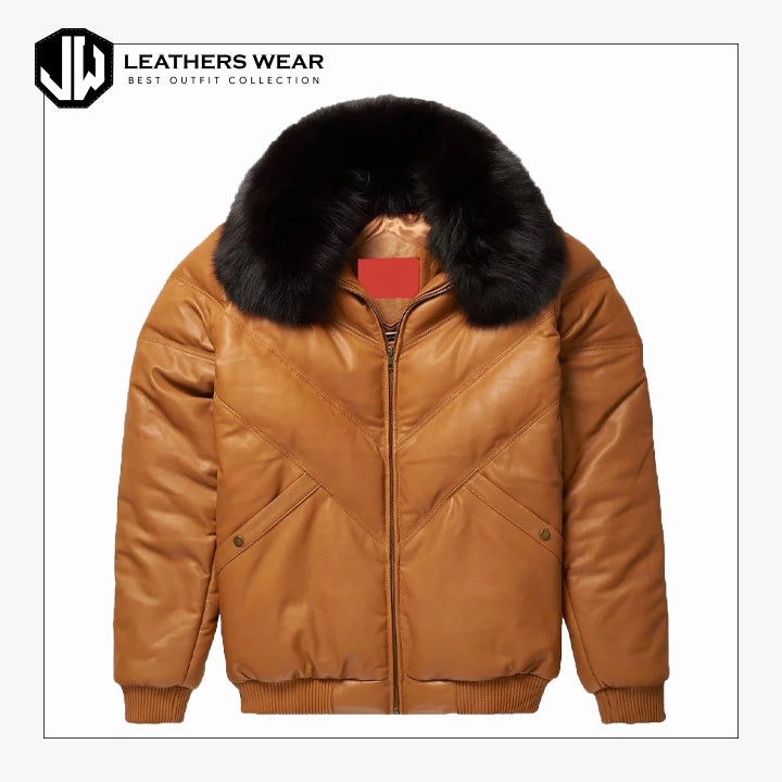 Camel Leather Mens Quality V Bomber jacket