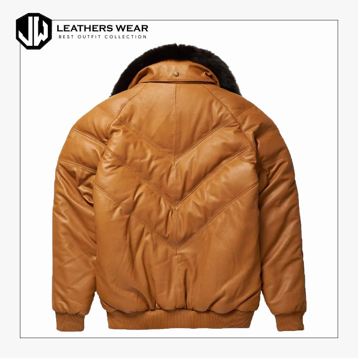 Camel Leather Mens Quality V Bomber jacket