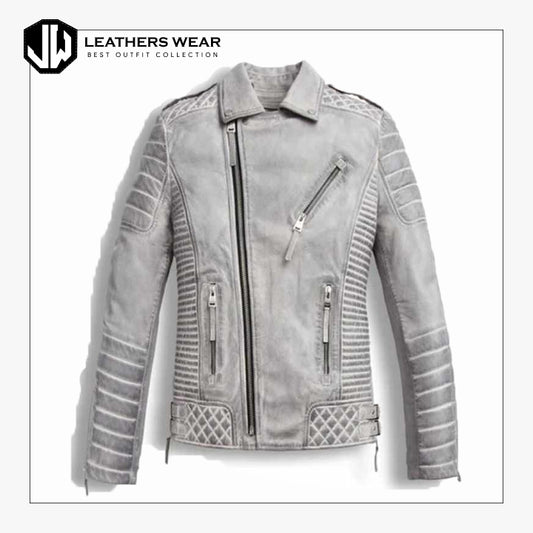 ChromeWhiteWaxedLeatherMotorcycleJacket