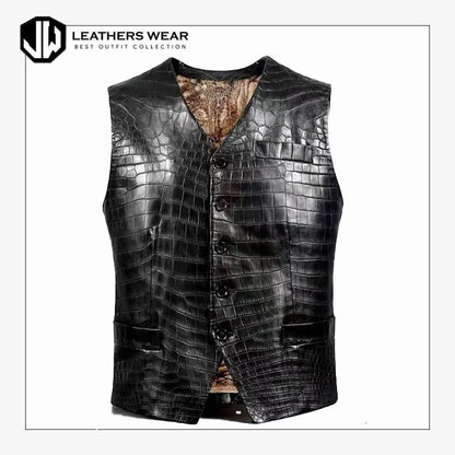 Crocodile Pattern Leather Biker Vest