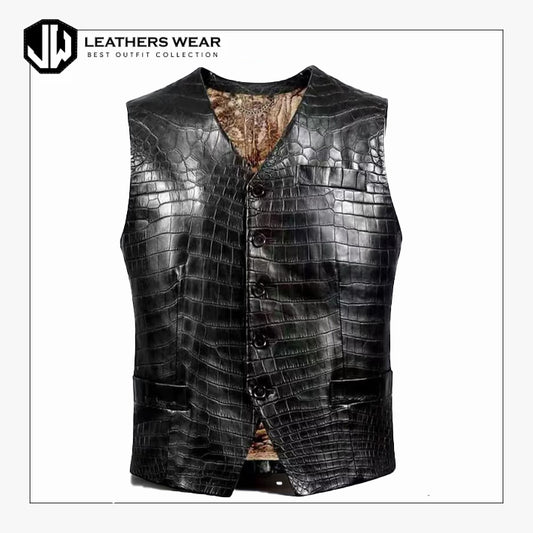 Crocodile Pattern Leather Biker Vest