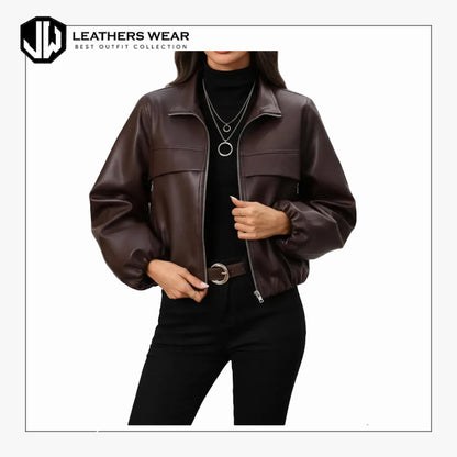 Dark Brown Leather Cropped Bomber Jacket