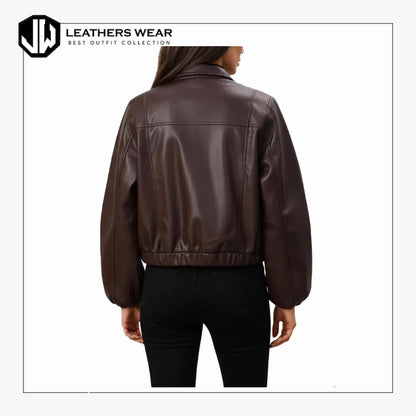 Dark Brown Leather Cropped Bomber Jacket