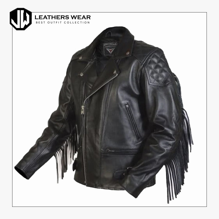 DiamondFringedBlackLeatherMotorcycleJacket