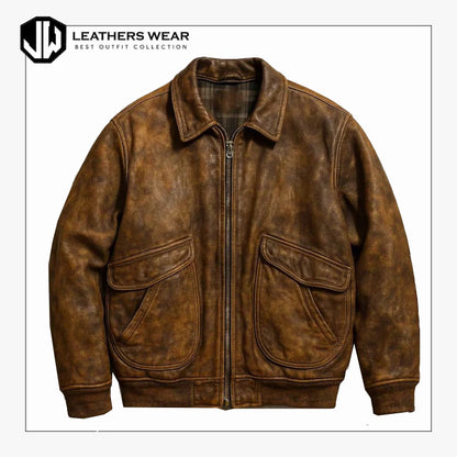 Distressed Brown Leather Bomber Jacket