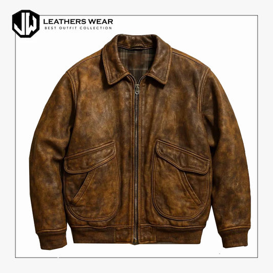 Distressed Brown Leather Bomber Jacket