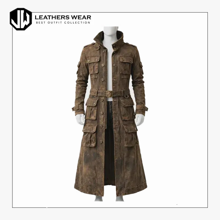 Distressed Brown Leather Trench Coat