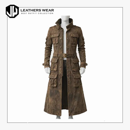 Distressed Brown Leather Trench Coat