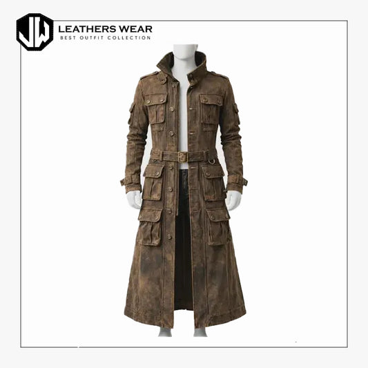 Distressed Brown Leather Trench Coat