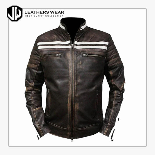 DistressedBrownStripedBikerLeatherJacket