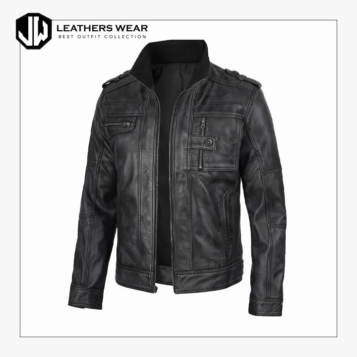 Distressed Cafe Racer Leather Jacket