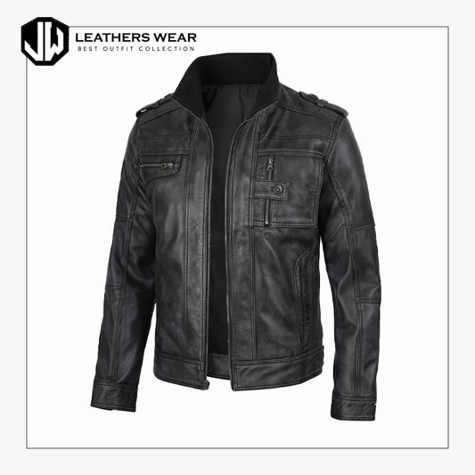 Distressed Cafe Racer Leather Jacket