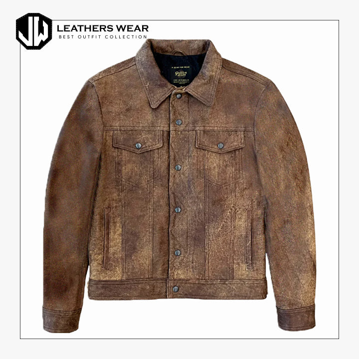 Distressed Cowhide Leather Trucker Jacket