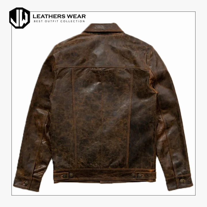 Distressed Cowhide Leather Trucker Jacket