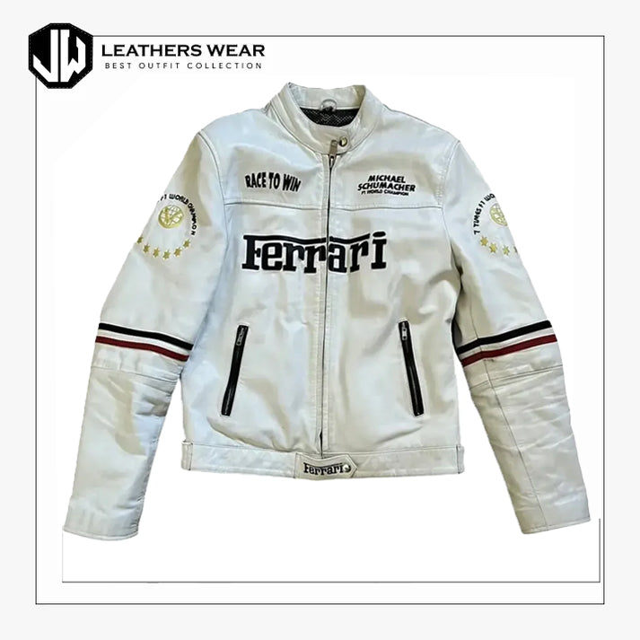 Ferrari F1 Racing Streetwear Leather White Jacket